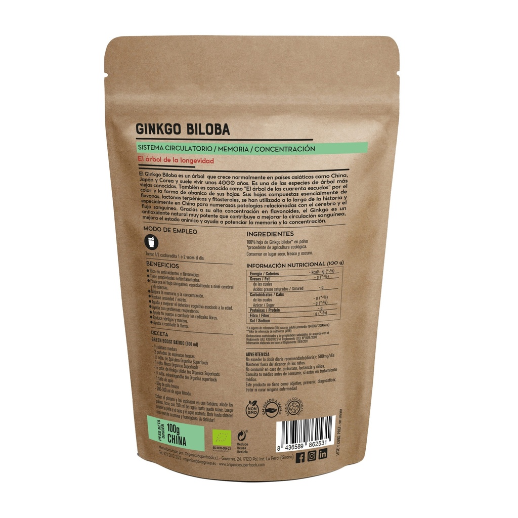 GINKO BIOLOBA 100g ORGANICA SUPERFOODS