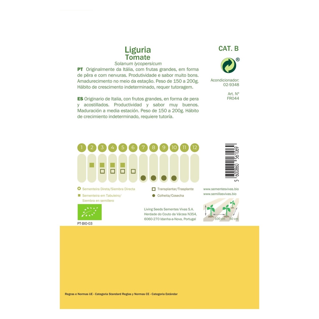 Tomate Liguria Semillas Vivas — reverso e instrucciones