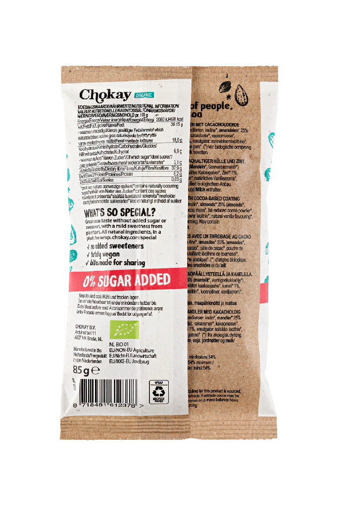 ALMENDRAS BAÑADAS EN CACAO CANELA 85G - CHOKAY