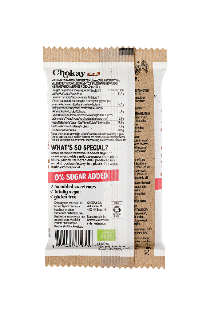 CHOCOLATE SIN AZUCAR DE CARAMELO Y PECANAS 70G - CHOKAY