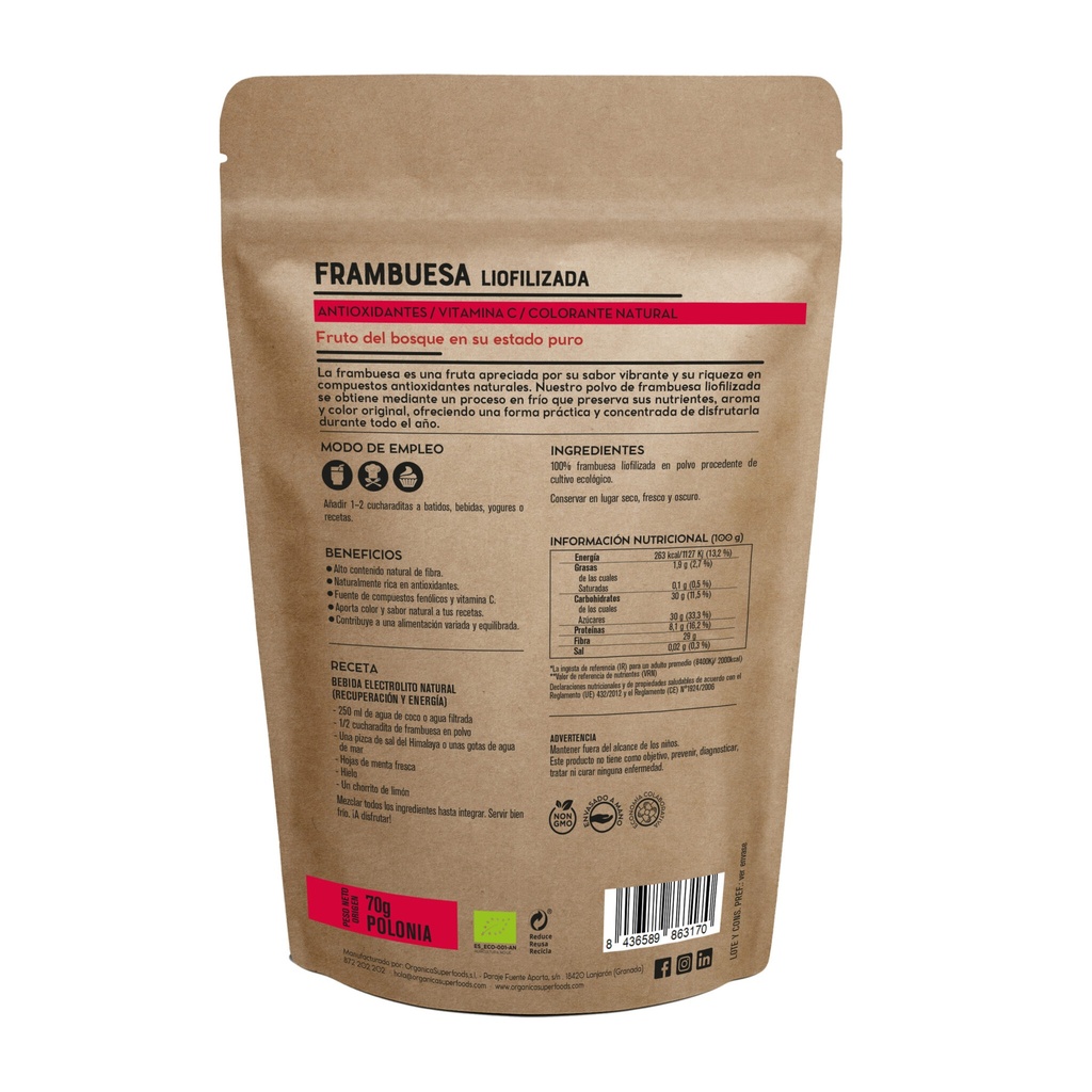 FRAMBUESA LIOFILIZADA 70G - ORGANICA SUPERFOODS