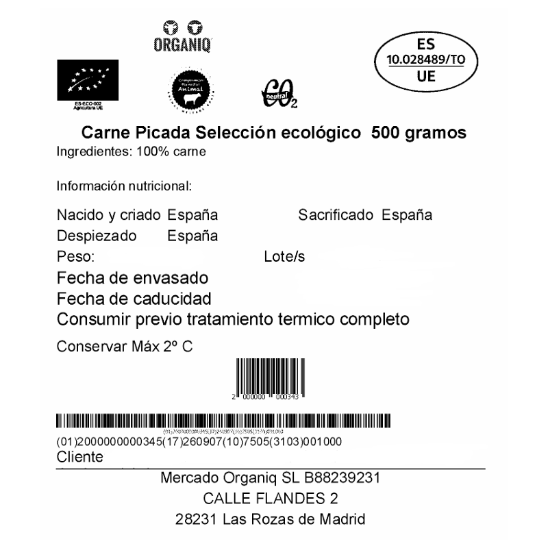 CARNE PICADA DE TERNERA 500G ORGANIQ