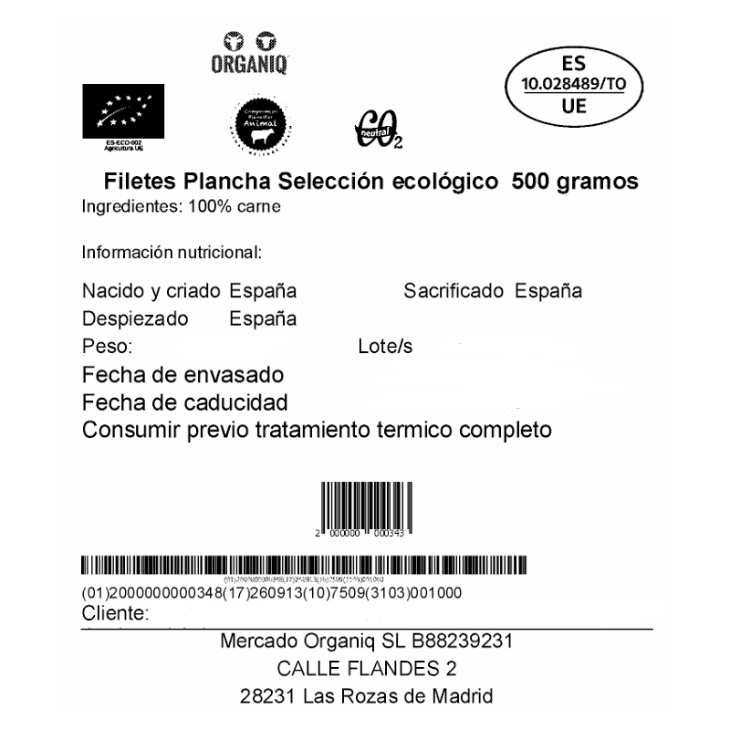 FILETES DE TERNERA PLANCHA 500G ORGANIQ
