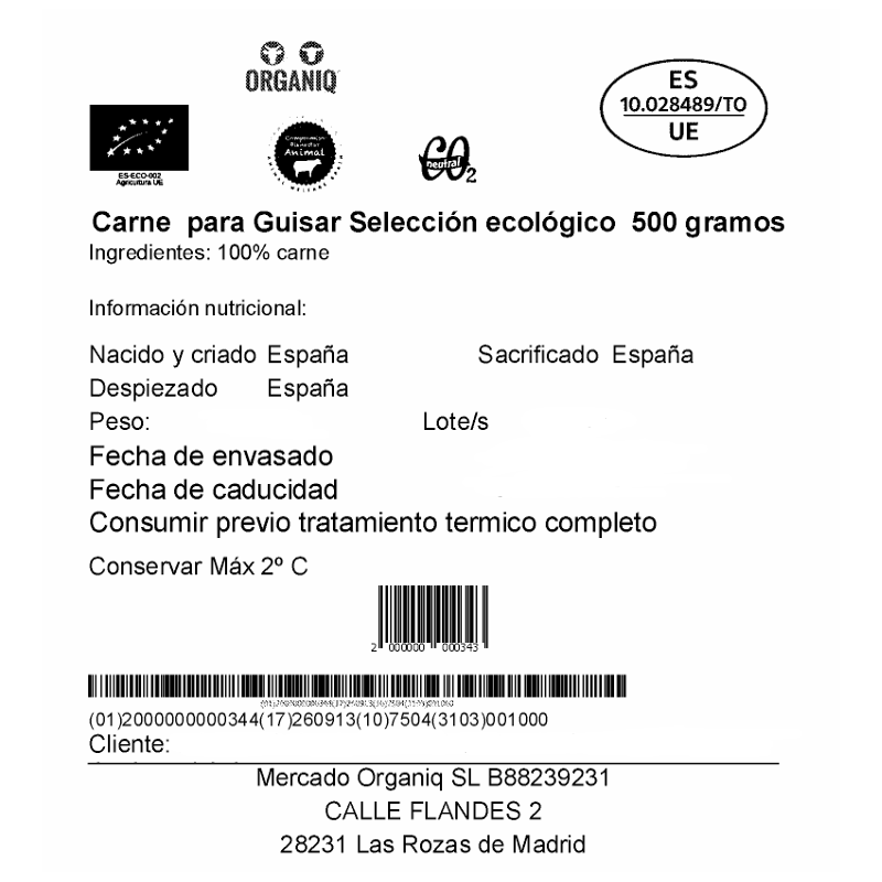 CARNE PARA GUISAR TERNERA 500G ORGANIQ