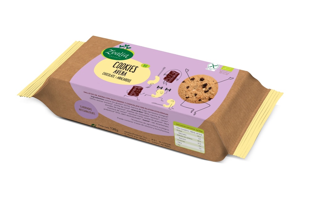 COOKIES DE AVENA CON CHOCOLATE Y ANACARDOS BIO SIN GLUTEN 130G ZEALIA