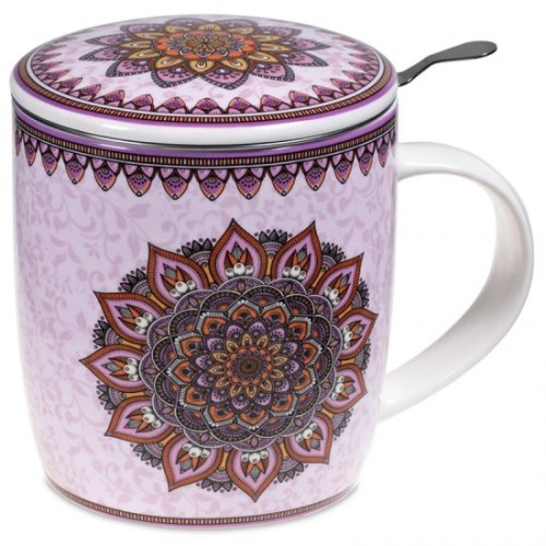 TAZA CON COLADOR Y TAPA MANDALA LILA MUNDO YOGA