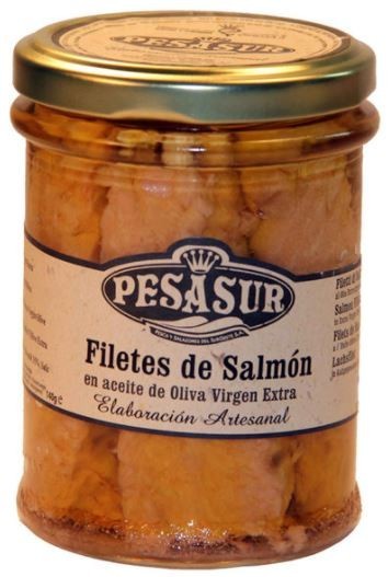 FILETES DE SALMON EN ACEITE DE OLIVA VIRGEN EXTRA Y TARRO CRISTAL 140G PESASUR