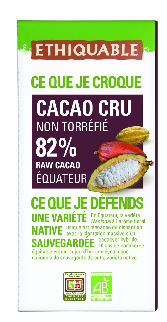 TABLETA CACAO CRUDO 82% ECUADOR BIO 80G ETHIQUABLE