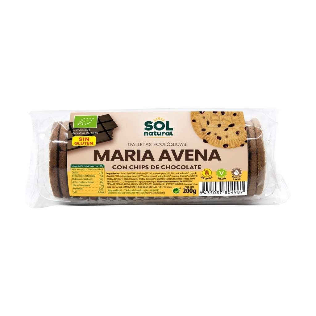 GALLETAS MARIA AVENA CON CHIPS CHOCOLATE SIN GLUTEN 200G SOL NATURAL