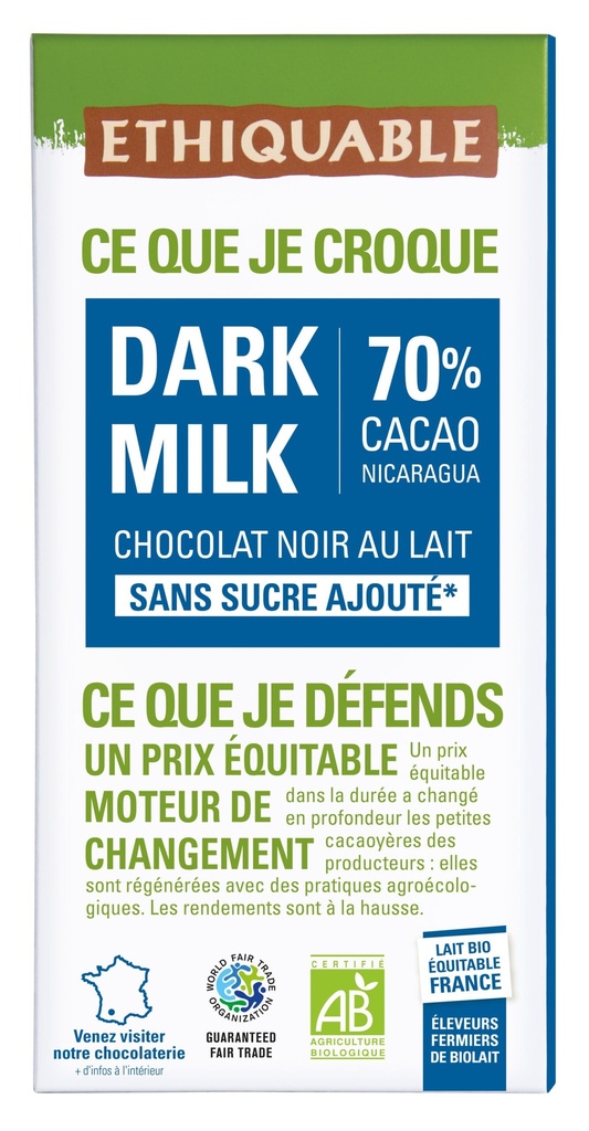 CHOCOLATE 70% DARK CON LECHE SIN AZUCAR 100G ETHIQUABLE