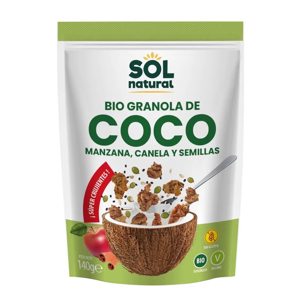 GRANOLA CRUNCHY DE COCO CON MANZANA Y CANELA 140G SOL NATURAL