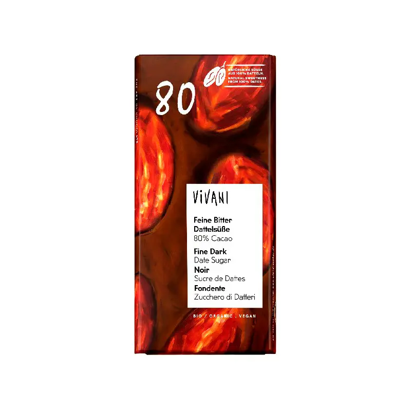 CHOCOLATE NEGRO FINO 80% ENDULZADO CON DATIL 80G VIVANI