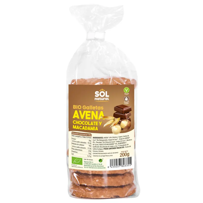 GALLETAS DE AVENA CON CHOCOLATE Y MACADAMIA 200G SOL NATURAL