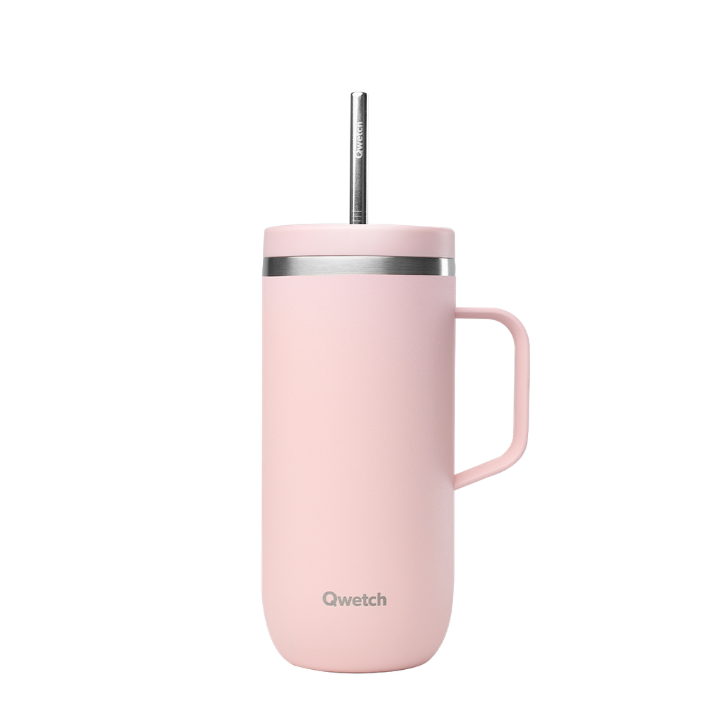 TAZA ISOTERMICA DE ACERO INOXIDABLE CON ASA Y PAJITA ROSA - QWETCH