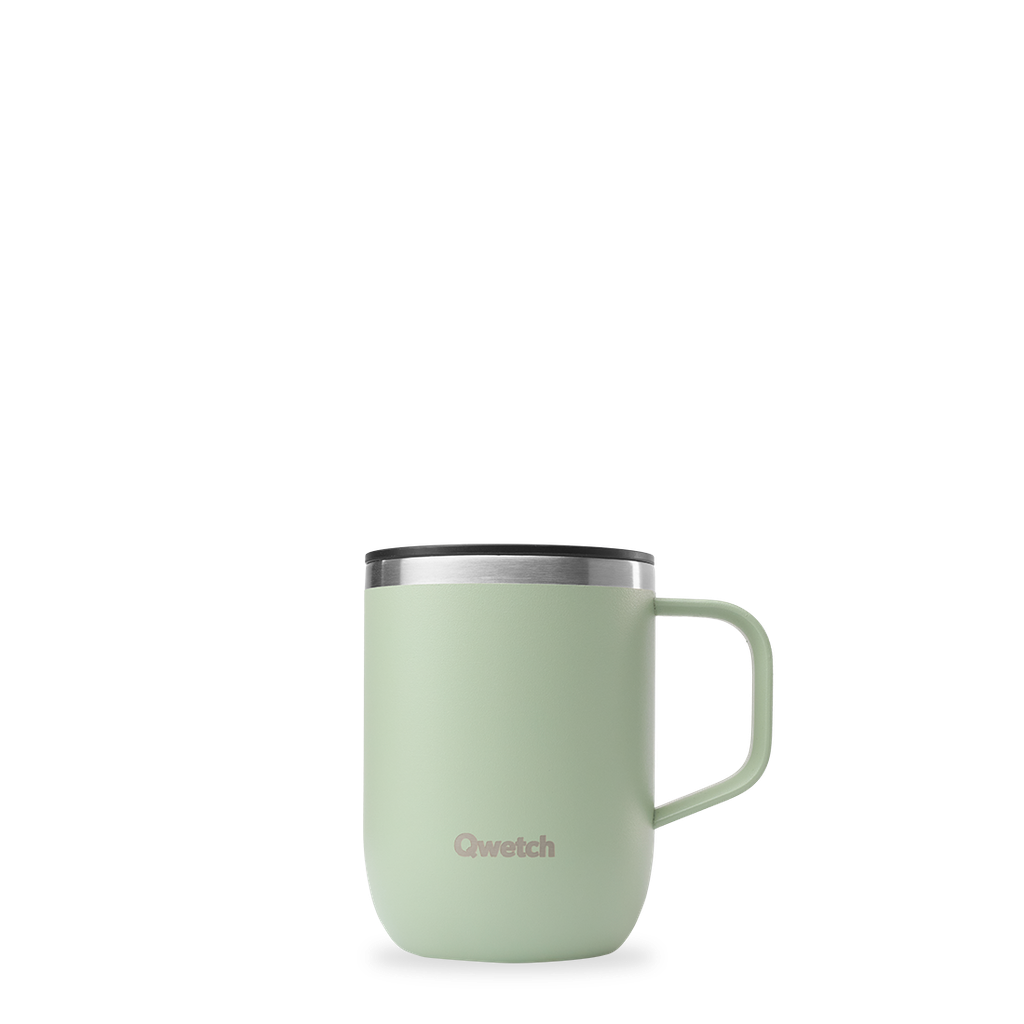 TAZA ISOTERMICA DE ACERO INOXIDABLE CON ASA Y TAPA VERDE - QWETCH