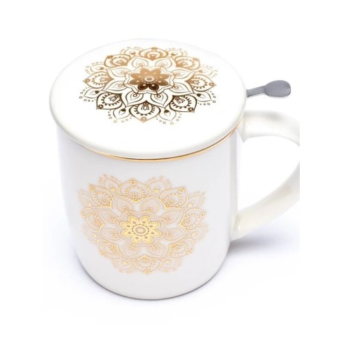 [28518] TAZA CON COLADOR Y TAPA MANDALA DORADO MUNDO YOGA