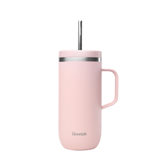 [31712] TAZA ISOTERMICA DE ACERO INOXIDABLE CON ASA Y PAJITA ROSA - QWETCH